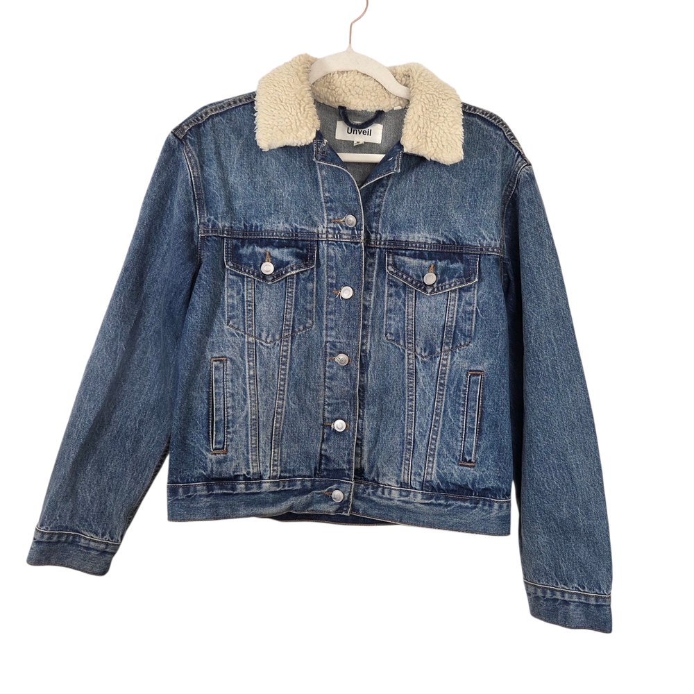 Blue Denim Jacket with Cream Sherpa Collar‎